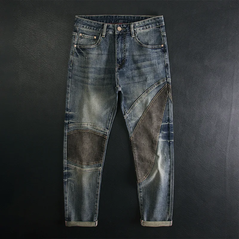 

High end spliced jeans for men, slim fit small straight leg elastic retro washed fashionable trend long pants