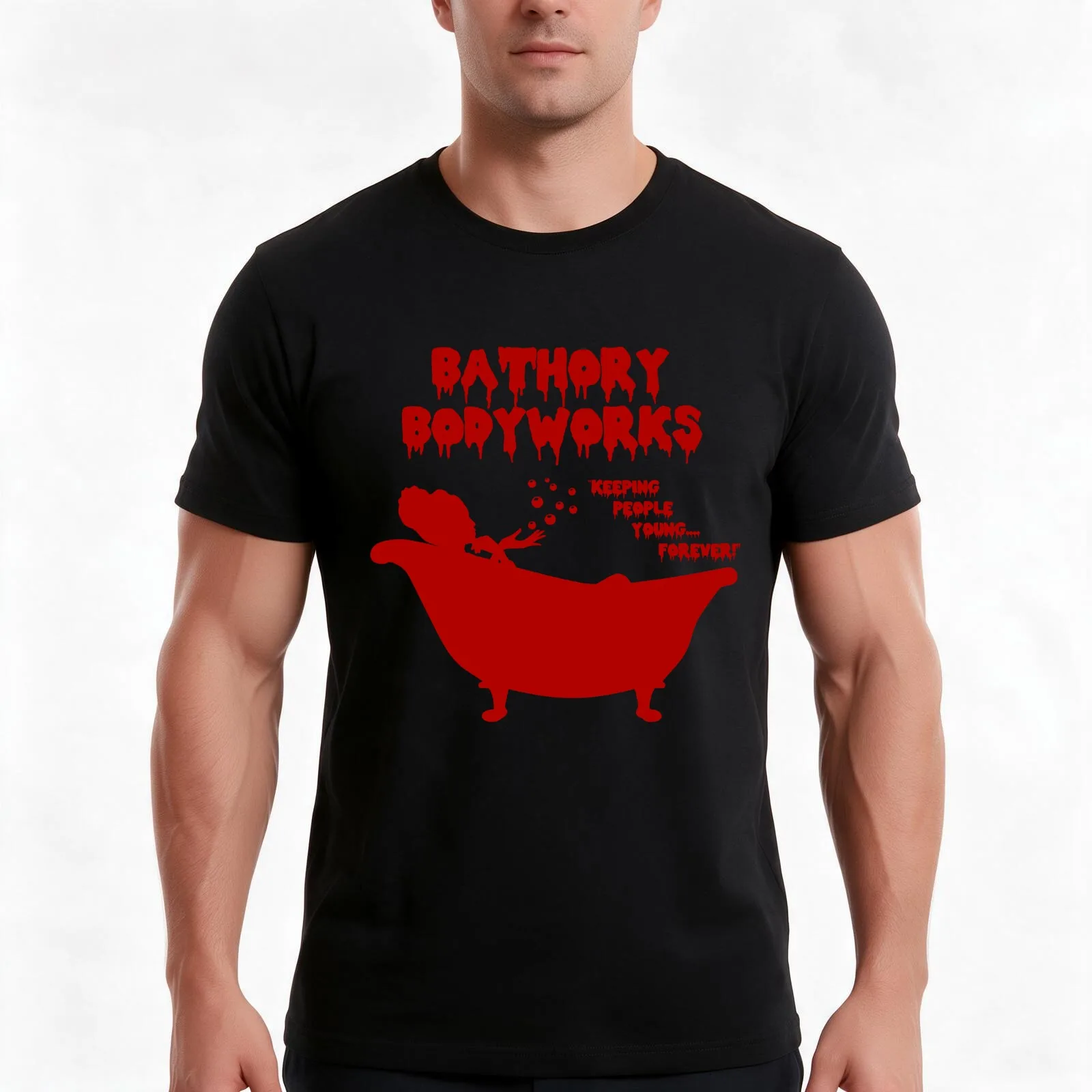 Bathory Bodyworks T-Shirt, Summer Casual Cotton Tee, Oversized Streetwear Tops, Vintage Graphic Print, Loose Fit Short Sleeve