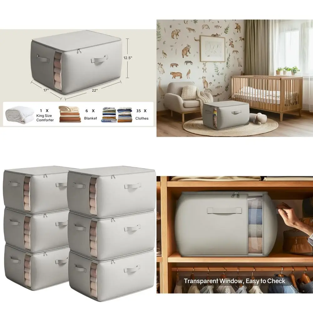 

6-Pack Grey Canvas Storage Bags with Dual Zipper and Handles for Clothes, Sweaters, and Blankets