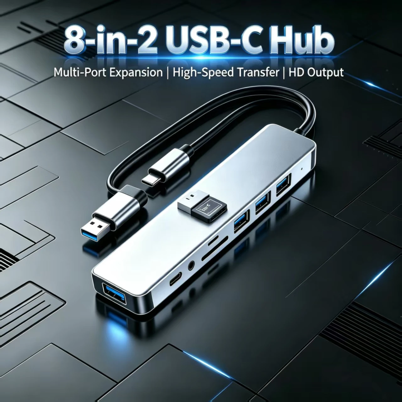 8‑in‑2 USB‑C Hub Docking Station, Dual Plug USB‑A & Type‑C Adapter, USB3.0, SD TF Card Reader, 3.5mm Audio Port for Laptop