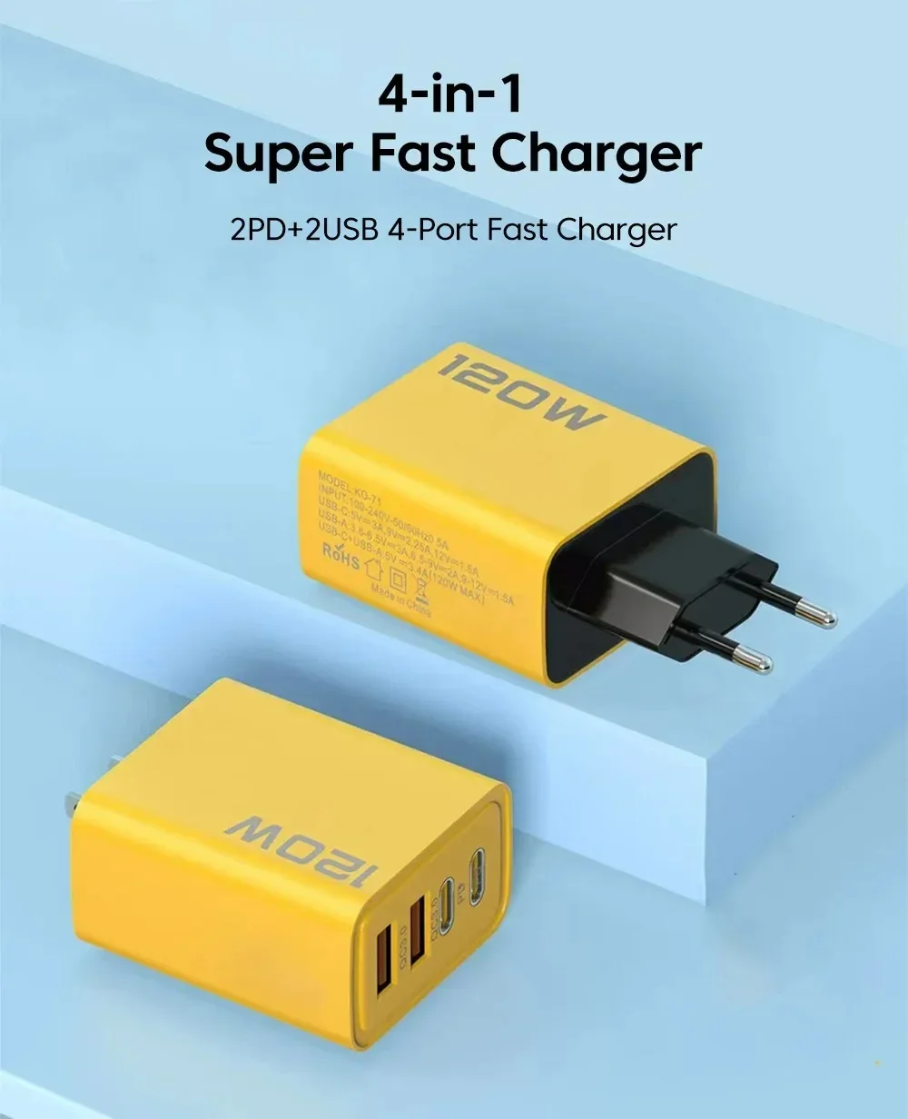 120W Type C to Type C Fast Charging Date Cable 4 Ports Type-C Quick Charge 3.0 Power Adapter EU/US Plug For Iphone Xiaomi Oppo