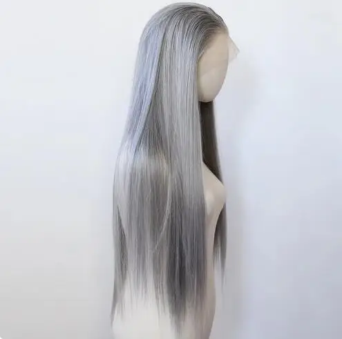 Grandma Grey Synthetic Lace Front Wig Long Straight Lace Front Synthetic Wig Pre Plucked Heat Resistant Hair Daily Wear Cosplay