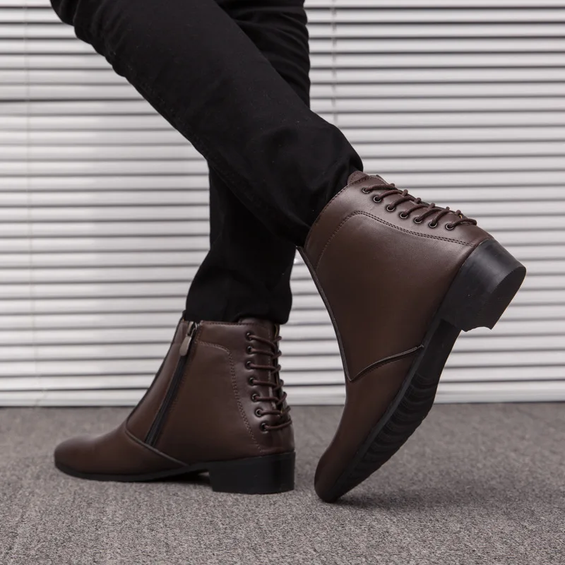 Bottes en cuir à talons bas pour hommes, bottes provoqué, chaussures formelles, bottes de rinçage, marron, classique, pointu, haut, grande taille