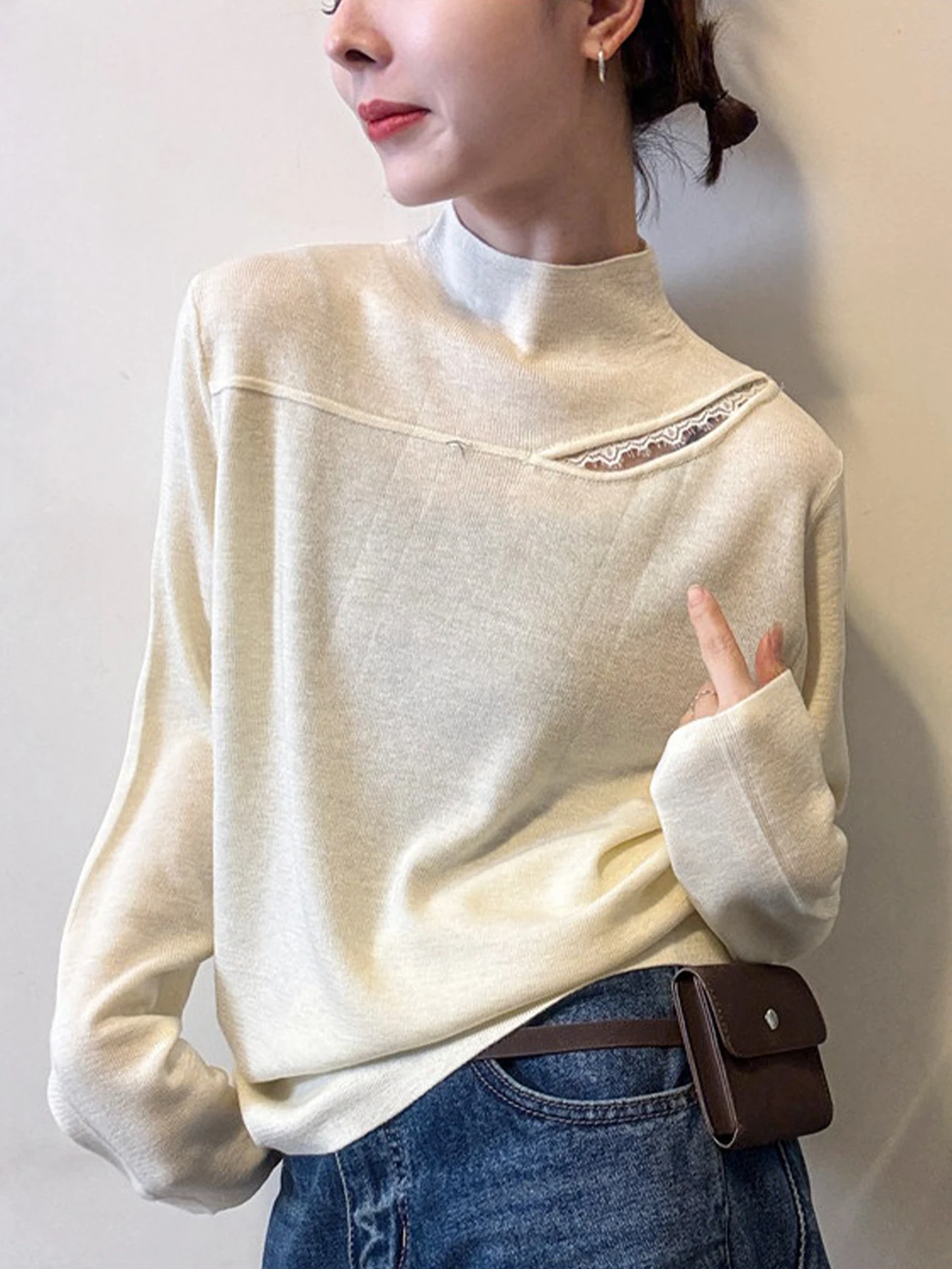 Winter Lace Hollow Knitted Long Sve Top Women's f High Collar Simple Matchable Base irt Korean Sle Commute Faion