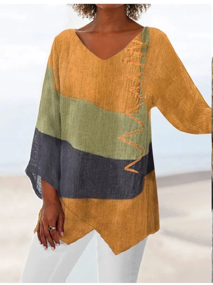 2024 Spring And Autumn New Top Casual Loose Pullover V-neck  Art Print Long-Sleeved Retro Women Shirts