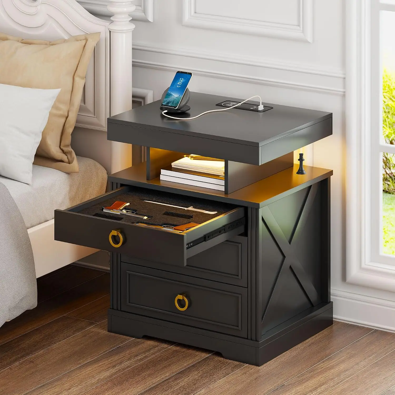 Lockable Nightstand with Hidden Drawer & Charging Station, LED Light, Black, Customized