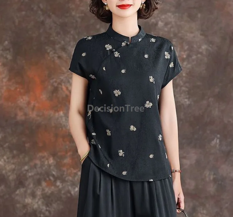 

Летняя черная блузка в китайском стиле с вышивкой, с короткими рукавами и воротником, для женщин, элегантная рубашка-ципао в стиле ретро.