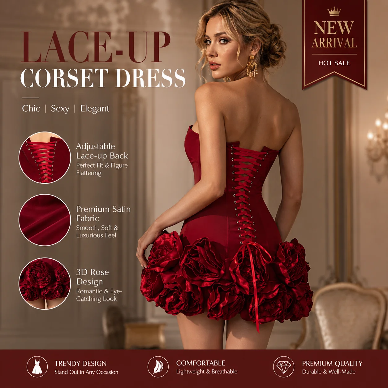 Christmas Dress Strapless Backless Red Structured Floral Embellished Mini Length Bodycon Celebrity Party Cocktail Dress