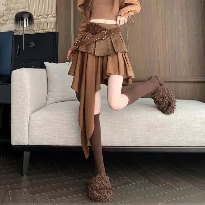 Spice Girl Design Sense High Waist Splicing Irregular Skirt with Belt