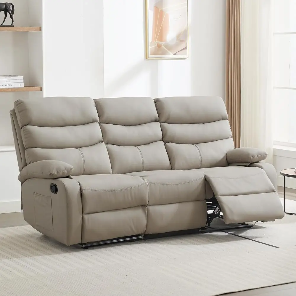 

3-Seater Beige Manual Reclining Leather Sofa Set for Living Room, RV, and Home Theater
