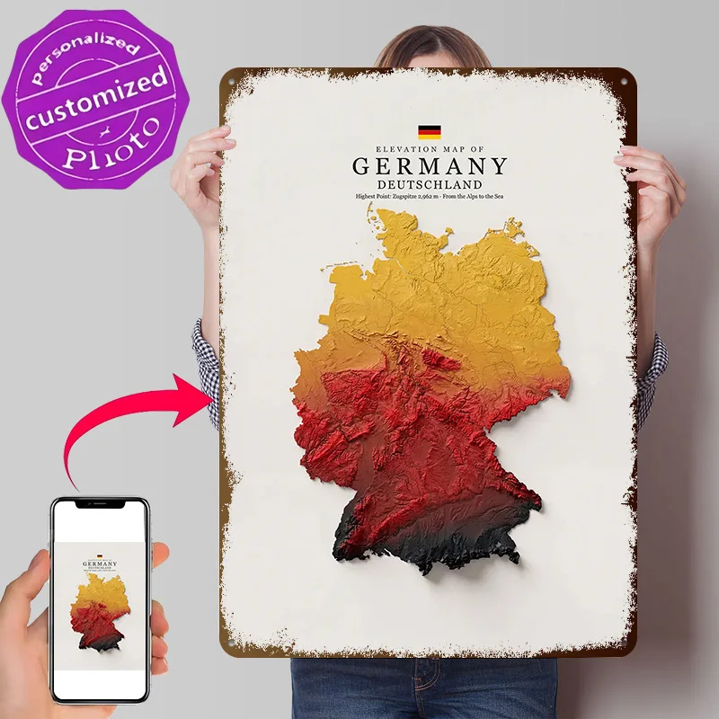 Elevation Map of Germany Personalized 3D Textured Metal Poster Wall Art Tinplate Sign for Modern Home Decoration Luxury House