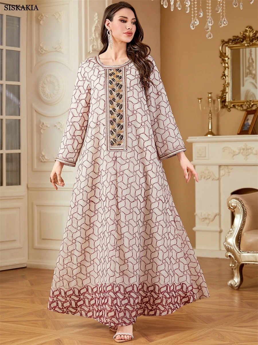 

Siskakia Dubai Lace Tape Abaya Embroidered Kaftan Moroccan Women Clothes O-Neck Loose Dress 2025