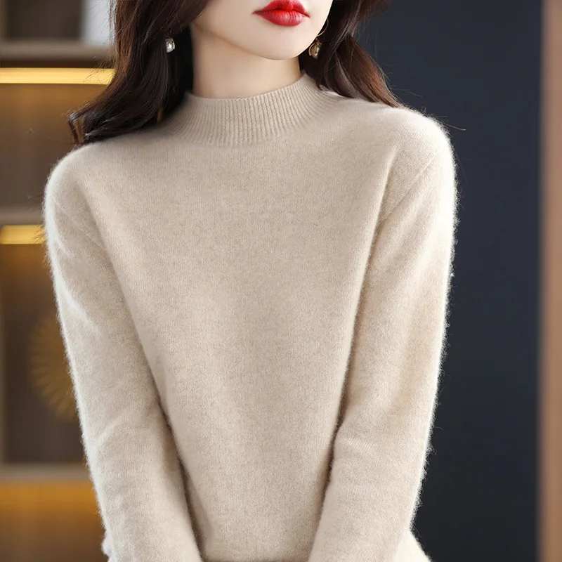 Autumn Woman\'s Sweaters Female Pullover Long Sleeve Half Turtleneck Basic Style Jumper 100% Wool Knitted Tops Cashmere Sweaters