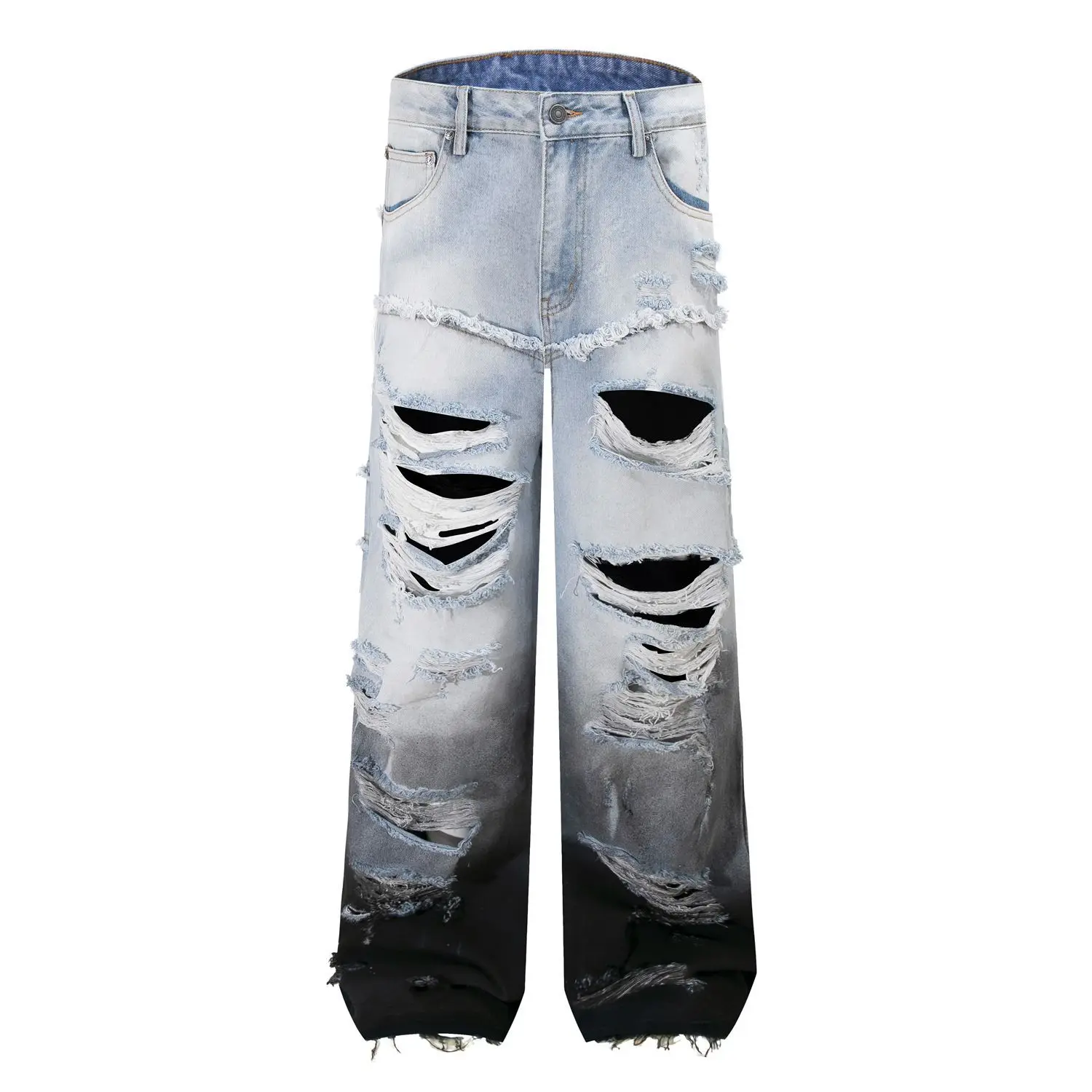 

Men's Fashion High Street Destroyed Jeans Pants Loose Fit Vibe Style Y2K Ripped Denim Trousers With Holes Washed Distressed Jean