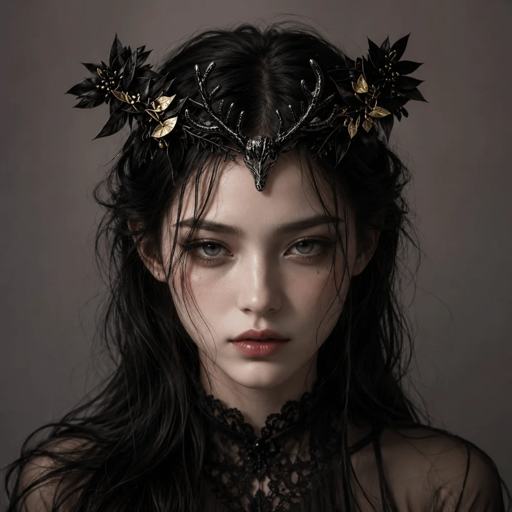 Künstliche Blumen-Elfen-Tiara-Krone Stirnband-Anhänger Dunkler Gothic-Blumenkranz Vintage-Stil Boho-Feenkopfschmuck – Detail 9