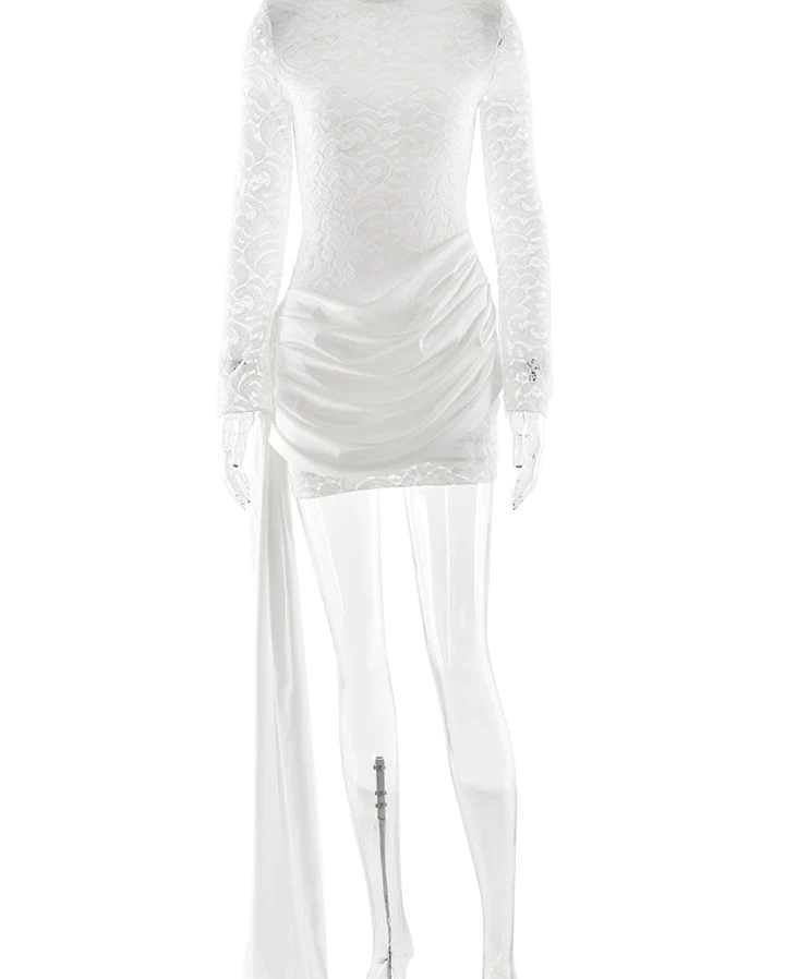 Abiti da festa increspati senza schienale a maniche lunghe con patchwork in raso elegante da donna Abiti aderenti Mini abito trasparente in pizzo sexy