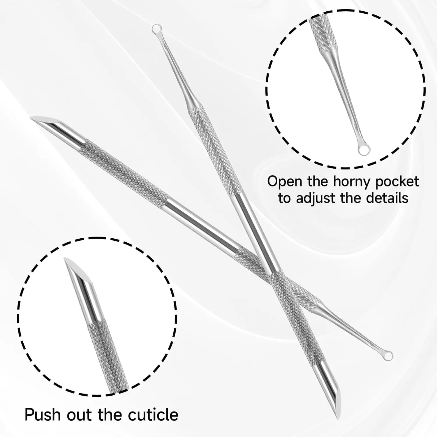 Empujador de cutículas de acero inoxidable, limpiador de uñas portátil, removedor de esmalte de piel muerta, cortador, palo de limpieza (cabeza oblicua), 2 uds.