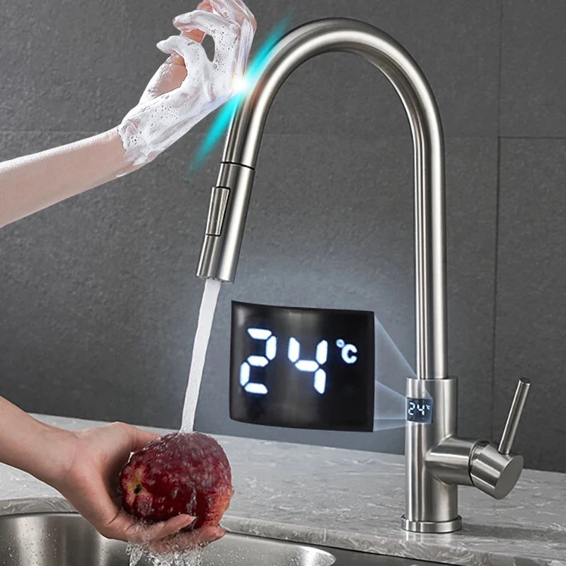 Touch Digital Kitchen Faucet Hot Cold Pull Out Kitchen Sink Mixer Tap Smart Brushed Nickel Sensor Digital Touch Kitchen Faucet