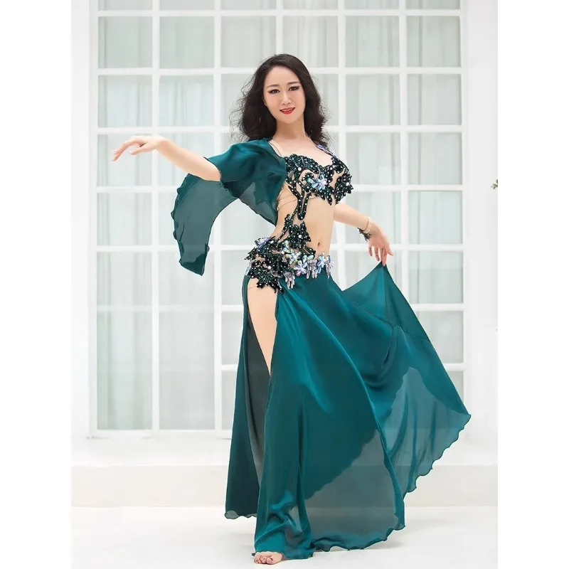 Traje de performance de dança do ventre personalizado para mulheres 2025 novo sutiã cravejado de diamante conjunto de saia longa roupa de dança exótica