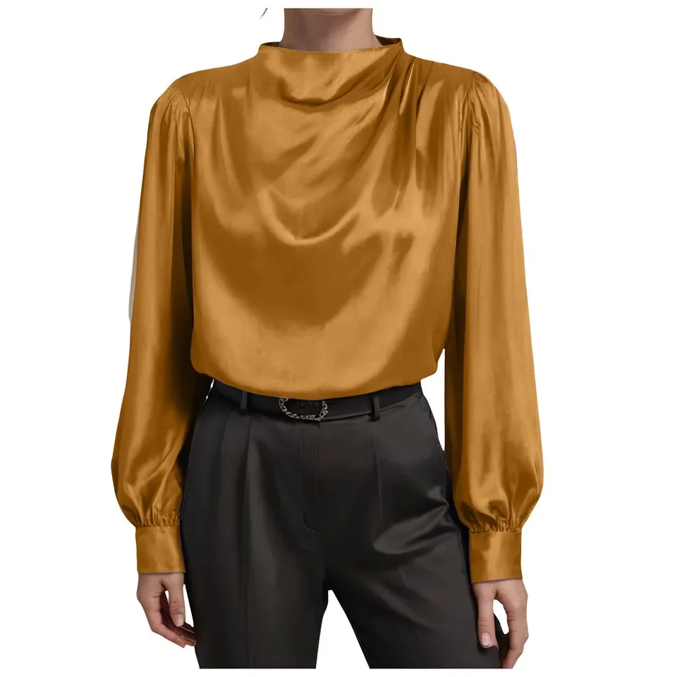 Women Turtleneck Tops Solid Color Long Sleeve Office Blouse Work Wear Commuting Ruffled Party Shirts Elegant Loose Blouse