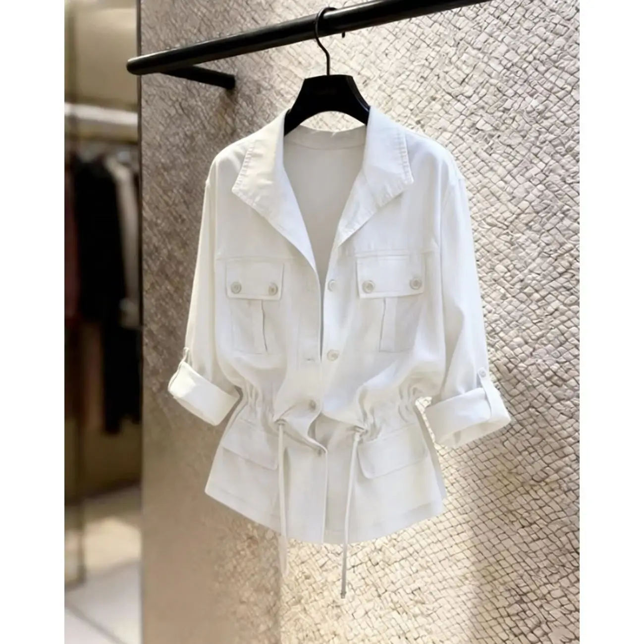 Waisted White Shirt Jacket 2026New Commuter Three -quarter Sleeves Versatile Slim Drawstring Tops Plus Size Women's Clothing