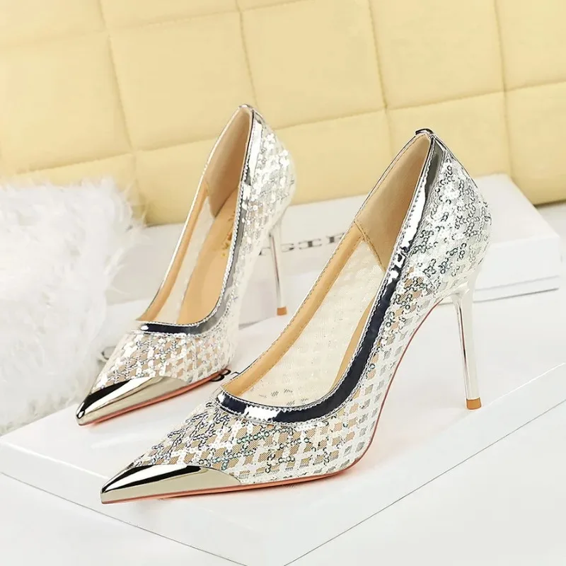 

10cm High Luxury Sequin Mesh Women High Heels Metal Pointed Tip Women Stiletto Fashion Banquet Shoes for Womens Sexy Party Pumps