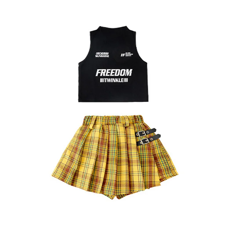 Mädchen Street Dance Kleidung Schwarze Weste Gelbe Hose Karierter Rock Cheerleading Performance Kostüm Kpop Hip Hop Bühnenoutfits