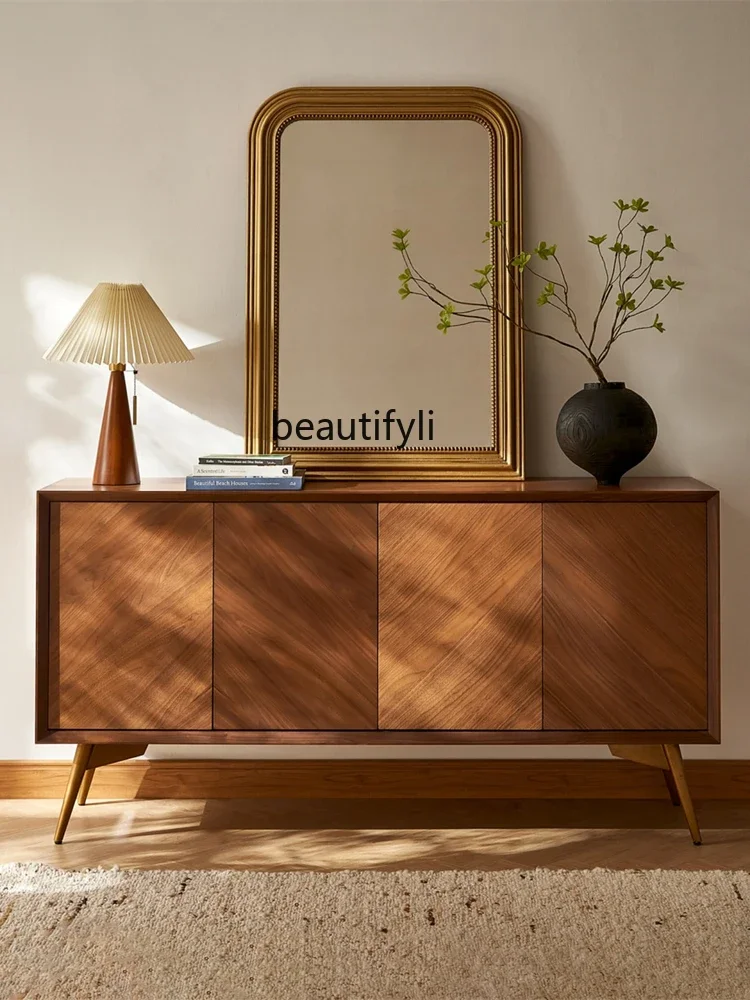 Zhonggu Solid Wood Sideboard Living Room Wall Storage Modern Simple Small Apartment Retro Walnut Color Home Entrance Cabinet