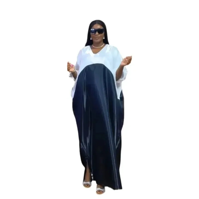 

2024 Plus Size African Dresses for Women Summer Elegant Short Sleeve V-neck Polyester Patchwork Party Long Maxi Dress Gowns