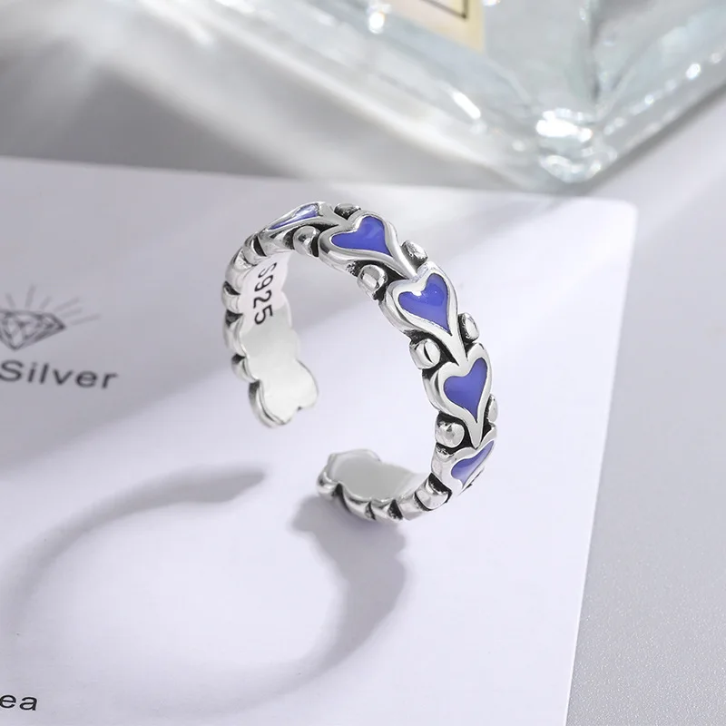 Anillos de plata de ley 925 con corazón negro y azul para mujer, joyería fina de lujo, accesorios de boda, regalo al por mayor, joyería femenina