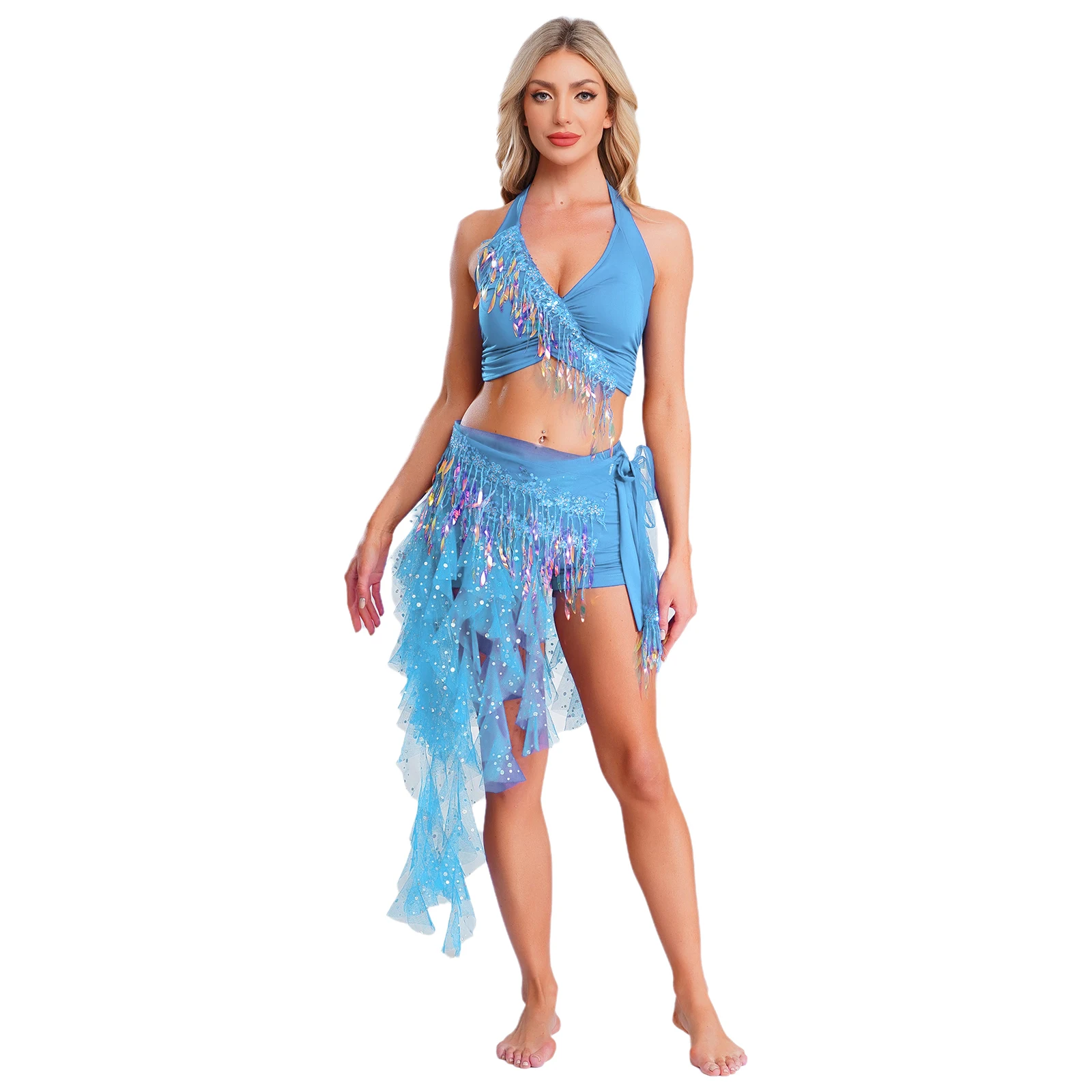 

Women Belly Dance Performance Costume Sequin Lace-up Crop Top Hip Scarf Split Sequined Tulle Skirt And Safety Shorts Dance Sets