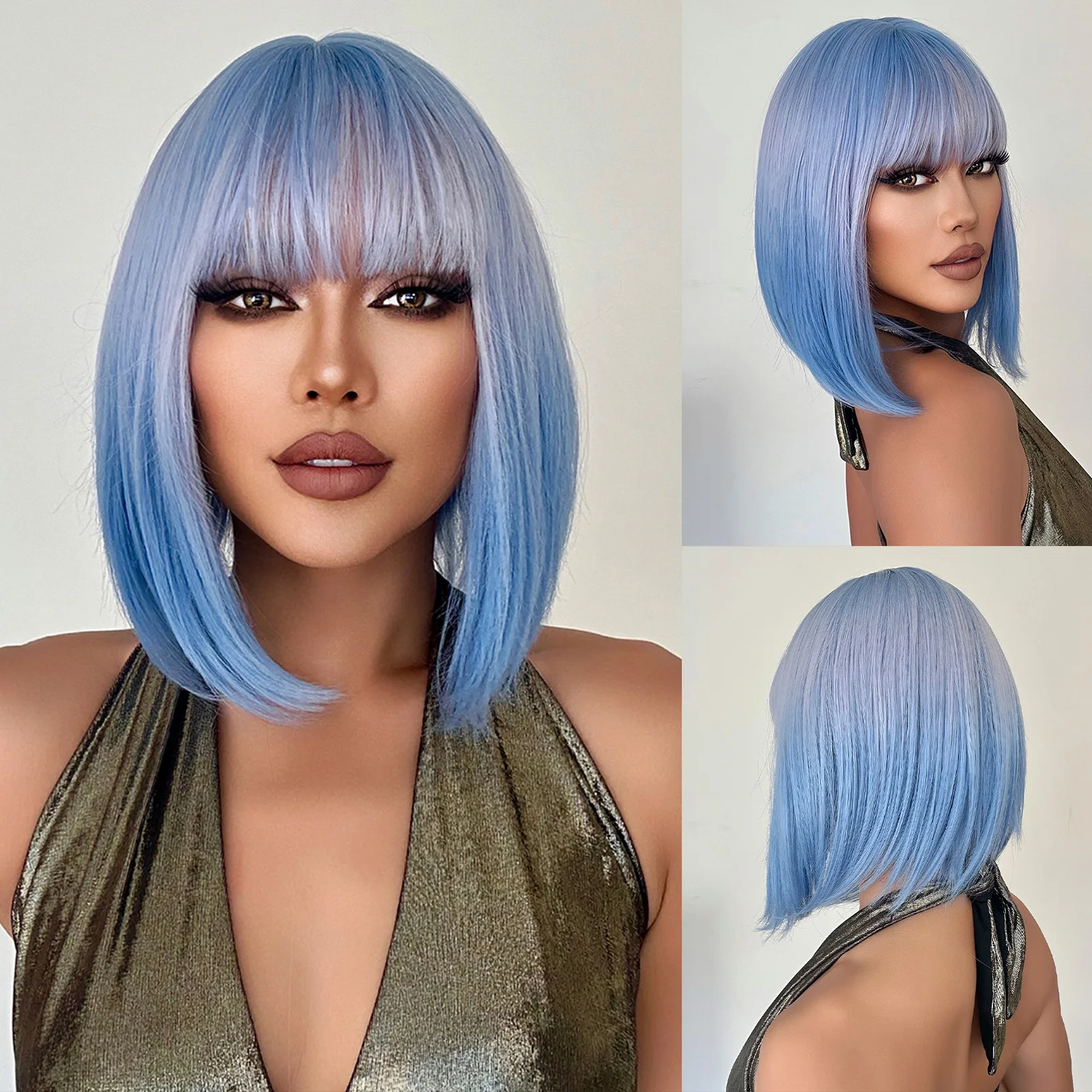 Blue Ombre Synthetic Natural Wigs Short Bob Cosplay Wig with Bangs Blue Straight Wig Daily Party Wigs Heat Resistant for Women