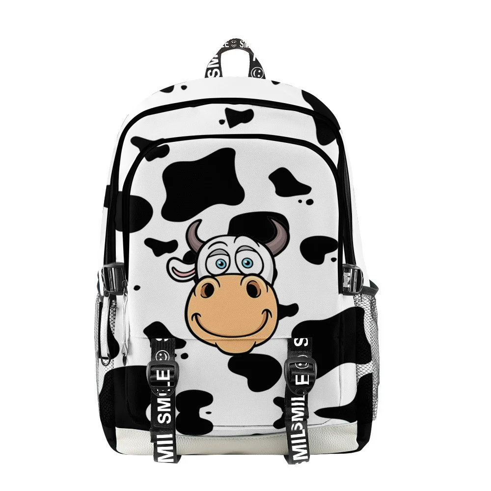 Anime Backpack Elementary Bookbag Travel Backpack Cartoon Black White Cow Pattern School Student School Bag Mochila Infantil Bag