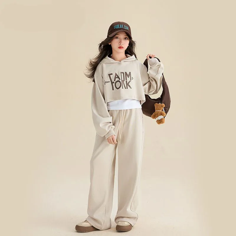 ZOETOPKID 2026 Autumn Winter Girls Clothes Children Letter Sweatshirt Hooded Top and Bottom Wide Leg Pant Tracksuit 3 Piece Set