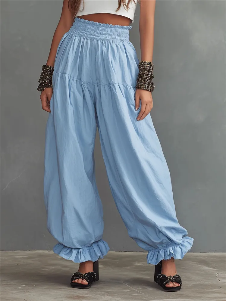 Bohemian Ruffle Bloomers Pants Women Solid Pleated Wide Leg Tiered Loose Pants Spring Fall Holiday Casual Pants High Waist Pants