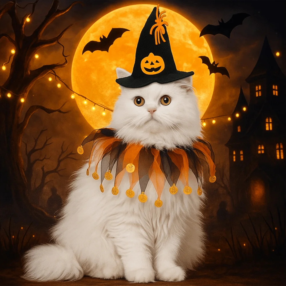 

Kawaii Pumpkin Halloween Cat Costume Spider Adjustable Cat Collar Hat Set Mesh Cosplay Props Pet Halloween Supplies Dress Up