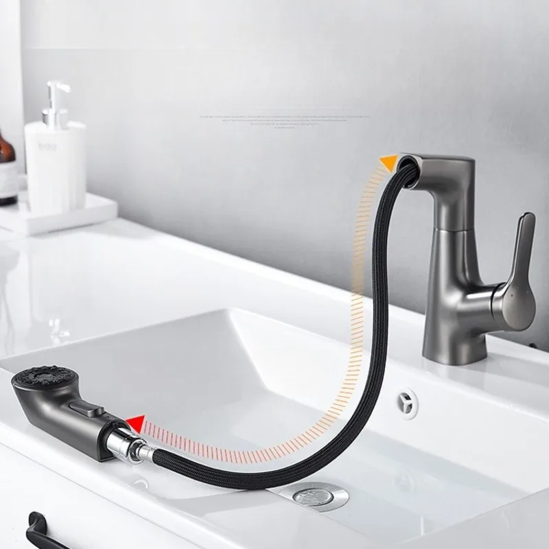 

Basin Faucet Pull-out All Copper Bathroom Hot and Cold Dual-use Washbasin Bathroom Cabinet Faucet Household Integrated