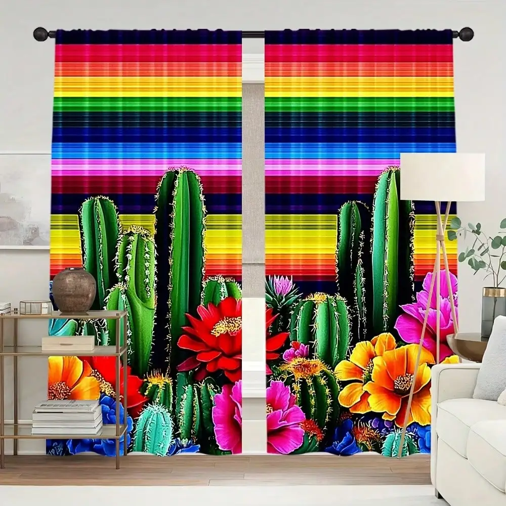 Mexican Fiesta Curtain, Colorful Cactus Rainbow Print Blackout Curtains, Southwestern Floral Desert Window Drapes for Home Decor