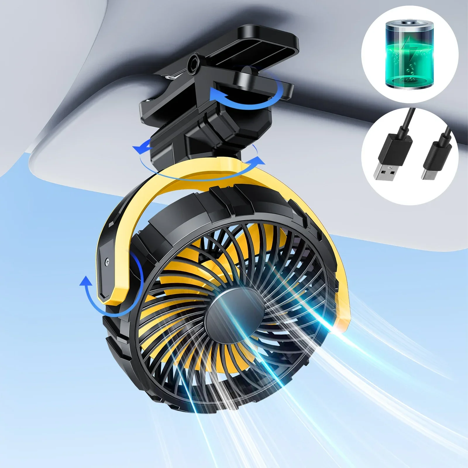 Car Fan 5V USB Clip on Sun Visor Fan for Front/Rear Seat 2000mAh Rechargeable Battery Powered Quiet Personal Cooling Fans