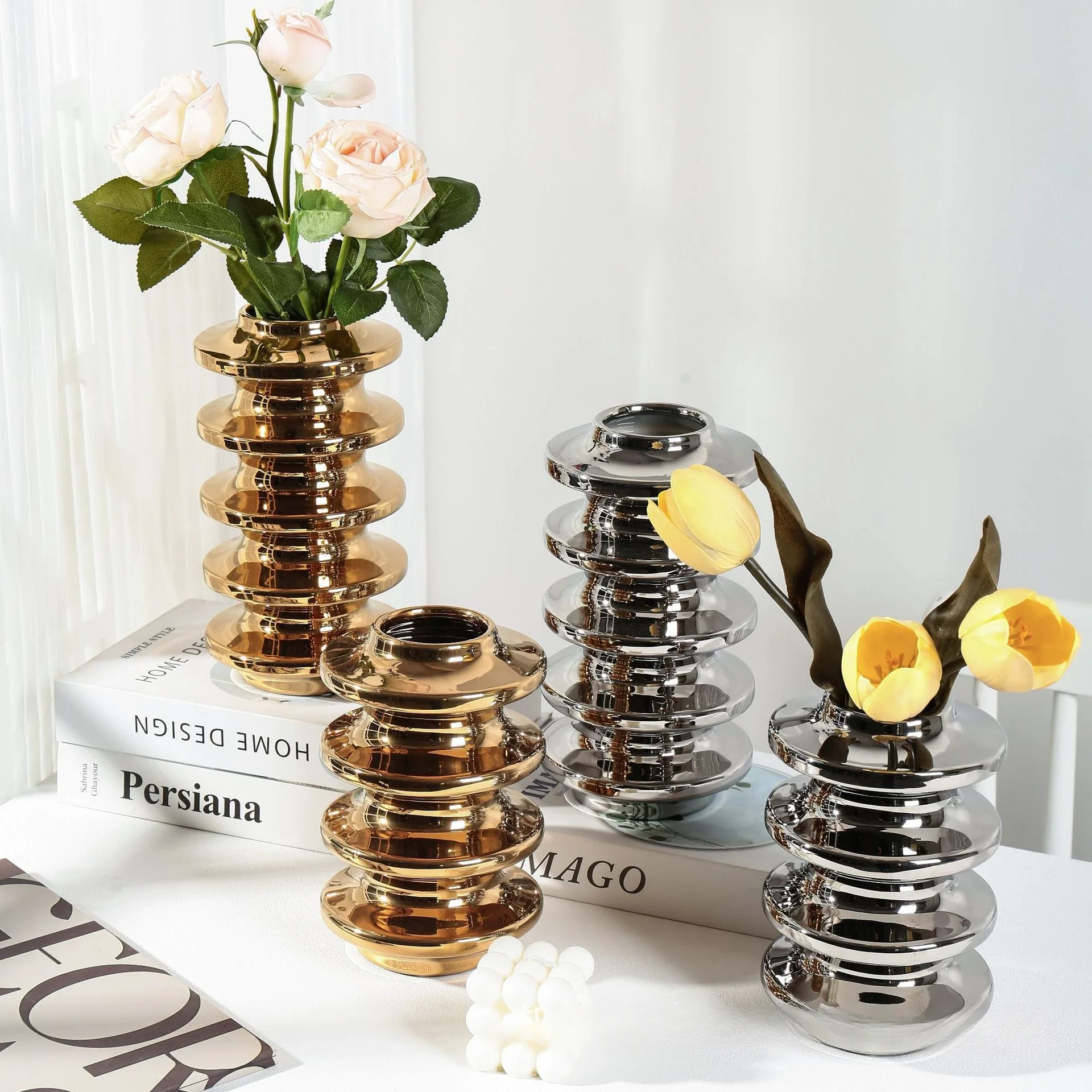 

Ceramic Vase Geometric Circles Silver Spiral Flower Crafts Arrangement Home Decoration Accessories