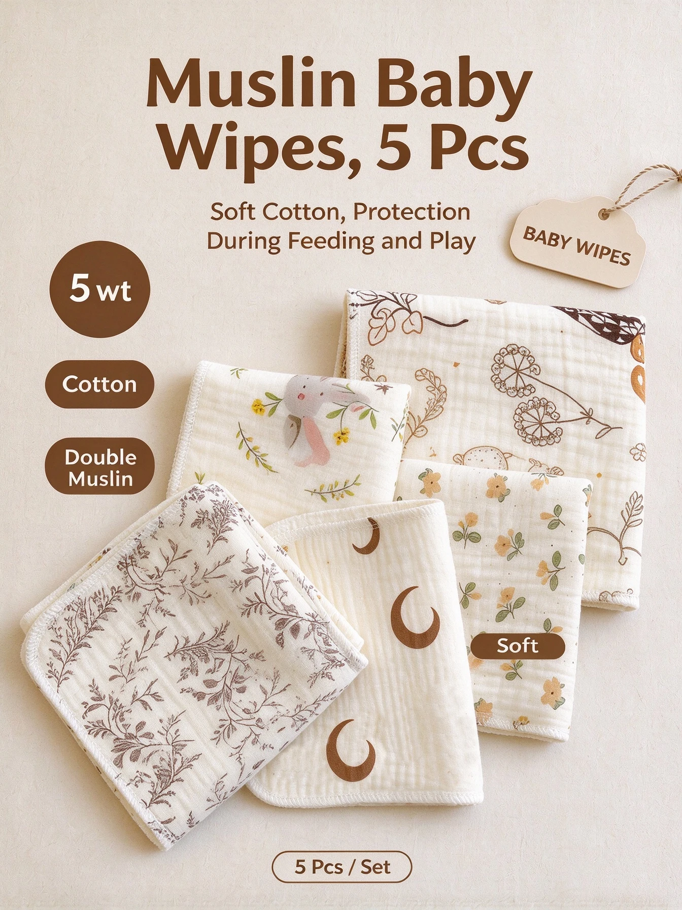 Baby Washcloths, Pleated Gauze Square Towels, Vintage Floral and Forest Animal Prints, Multi-Purpose Burp Cloths Suitable for Newborns