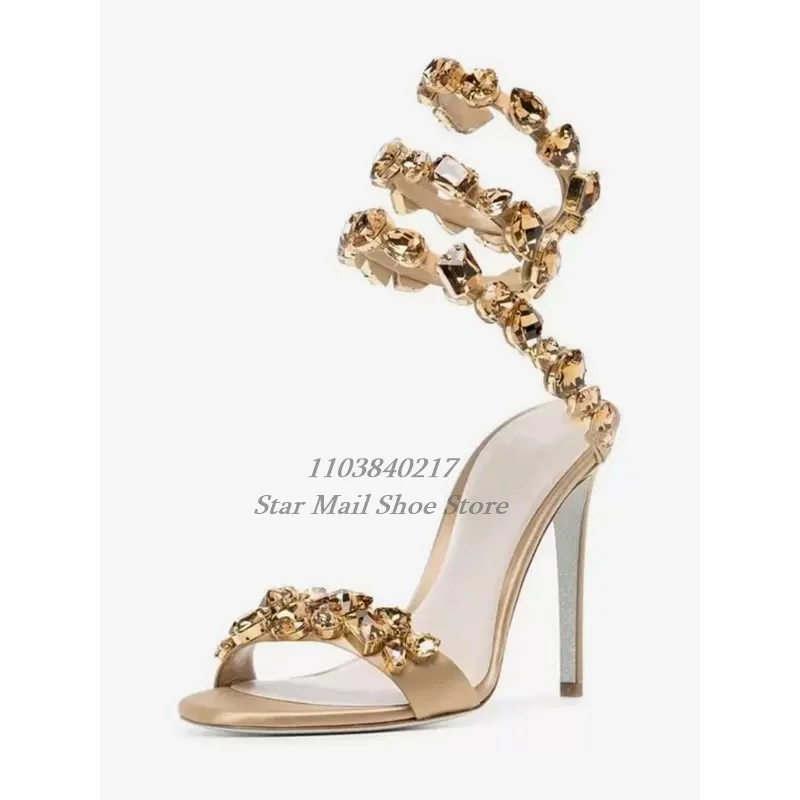 Wide Toe Strap Round Toe Peep Toe Sandals Spiral Ankle Strap with Statement Gemstones Satin Material Stilettos Gorgeous Sandals