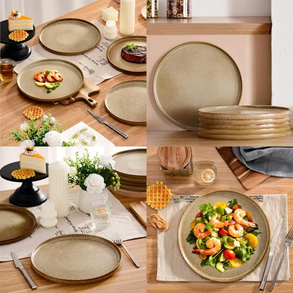 

11" dinner plates sets of 6, stoneware salad plates, microwave, oven & dishwasher safe, modern large kitchen plates for lunch, p