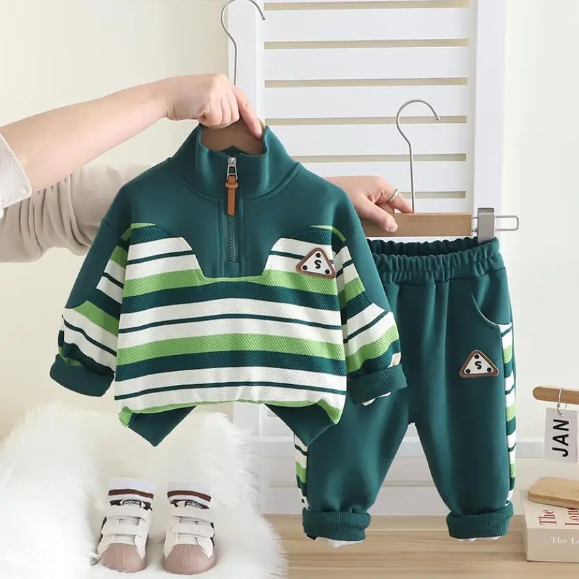 

Boys Spring Autumn Sets 1 To 5 Years Children Baby Clothing Patchwork Stripes Casual Zipper Hoodies And Pants Kids Tracksuits