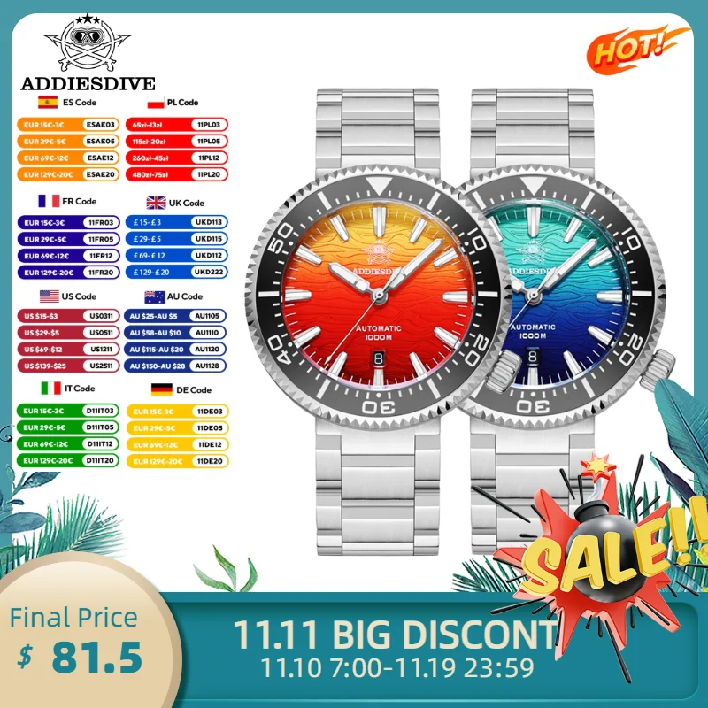 ADDIESDIVE 2025 New Diving Watch Sapphire 1000M Waterproof Mechanical Watches 46mm Fire Cloud Dial BGW9 Luminous Luxury Watch ﻿