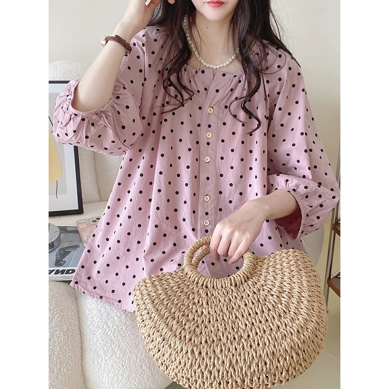 Women's Pink Polka Dot Puff Sleeve Blouse 2026 Summer Casual V-neck Single Bresated Shirt Korean Style Loose Fit Babydoll