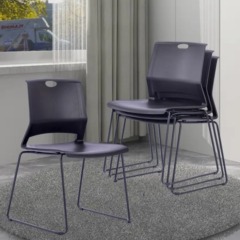 4 Stacking Chairs, Black Church Stackable Plastic Chairs with Durable Metal Frame, Waiting Room Guest Chair, Reception