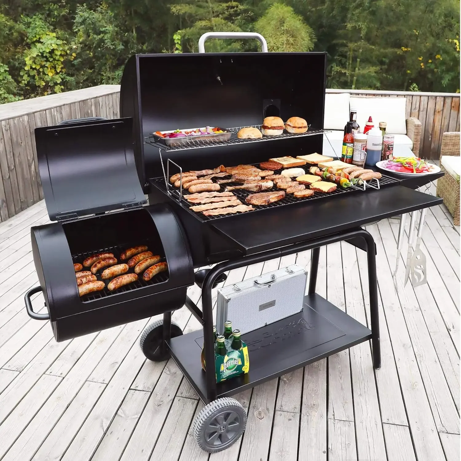 Barrel Charcoal Grill with Offset Smoker, Outdoor Smoker with 1200 Sq. In. Cooking Area for Outdoor Barbec