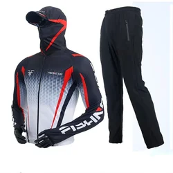 Men's Anti-UV Hooded Fishing Suit, Ice Silk, Quick-Drying, Breathable, Anti-Mosquito, Outdoor Sports Lure Fishing Clothes Set,