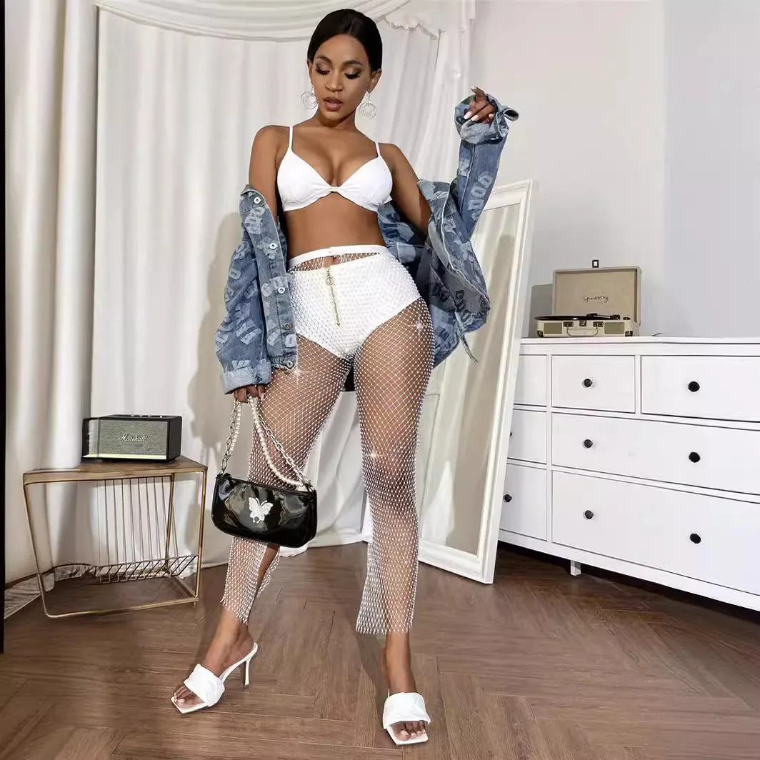女性のセクシーなスプリットウエストバンドとメッシュダイヤモンド漁網パンツ付きスリミングストレートチューブ